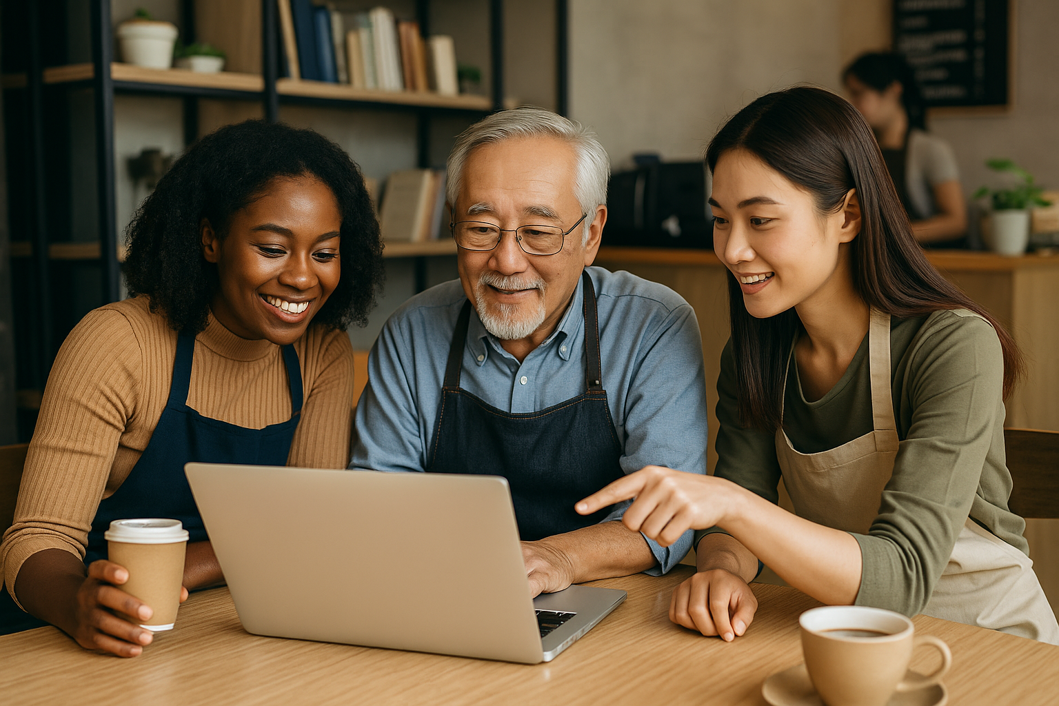 Tiga pemilik usaha kecil berdiskusi menggunakan laptop di kafe untuk mengembangkan bisnis di era digital.